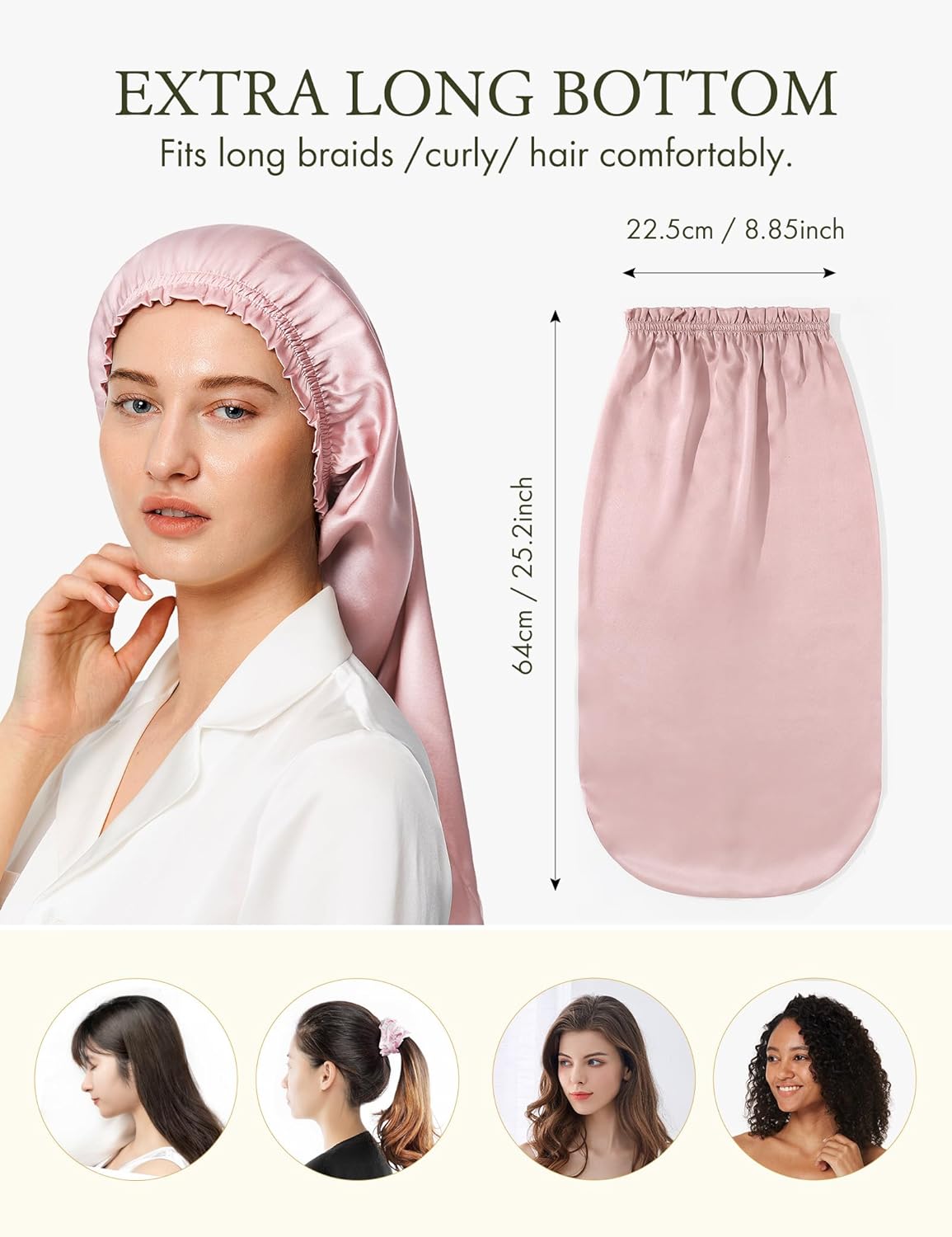 LilySilk Extra Long Silk Bonnet Sleep Cap for Women Soft Adjustable Hair Bonnet for Braids,Curly,Long Hair- Soft Elastic Band, Rosy Pink