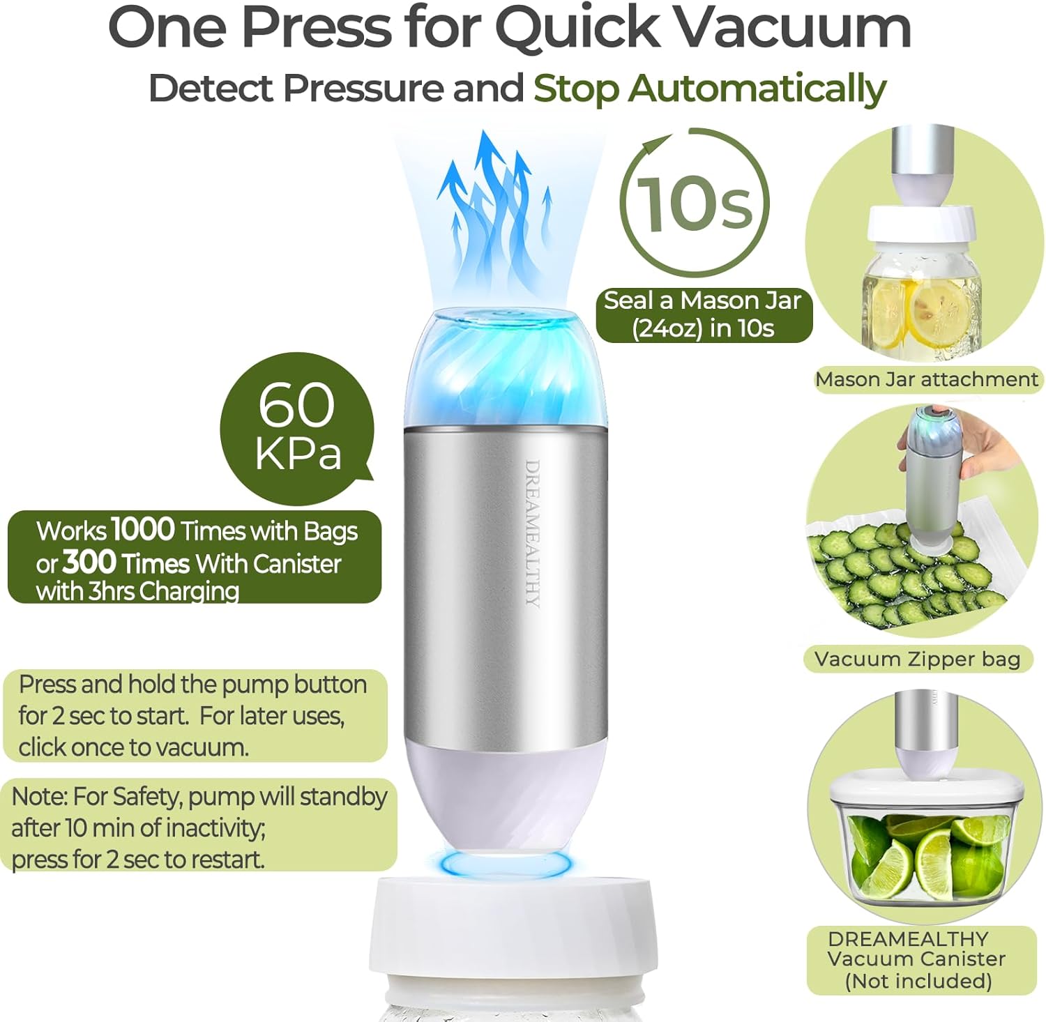 Automatic Mason Jar Sealer Kit – Vacuum Seal in 10S, Auto Stop, Compact Handheld Vacuum Sealing Machine for Canning Jars, Wide & Regular Mouth, 2 Sous Vide Bags. VP04-masonsets