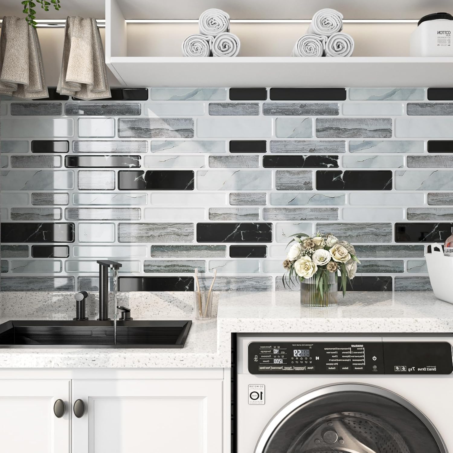 FunStick Marble Peel and Stick Backsplash for Kitchen 12"x12" Removable White Grey Stick on Backsplash Tiles for Kitchen Peel and Stick Wall Tiles for Bathroom Shower Tile Stickers Waterproof 5-Sheets