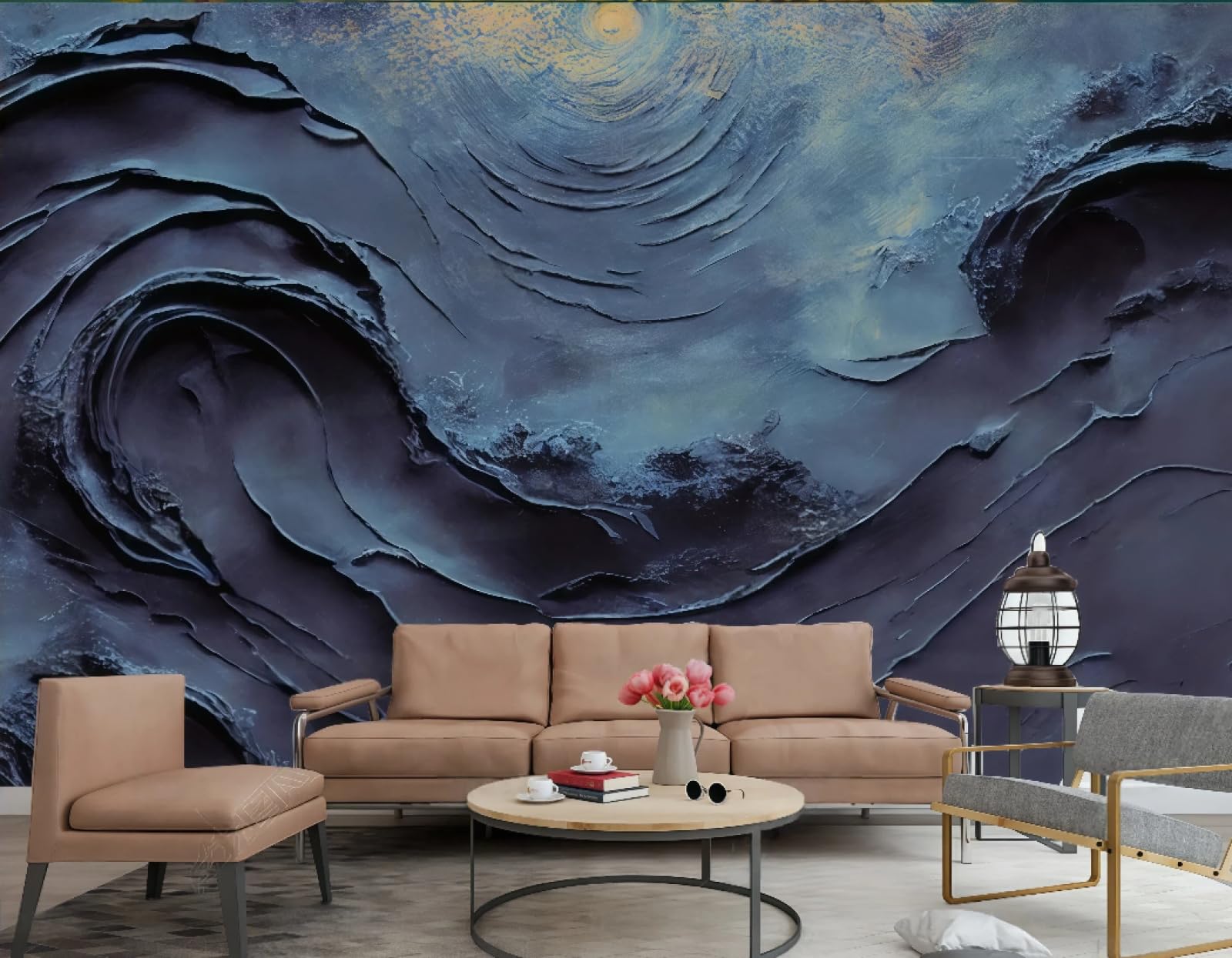 Papier Peint Bleu Foncé Plage et Lune 3D 200x140cm pour Mur TV et Salon