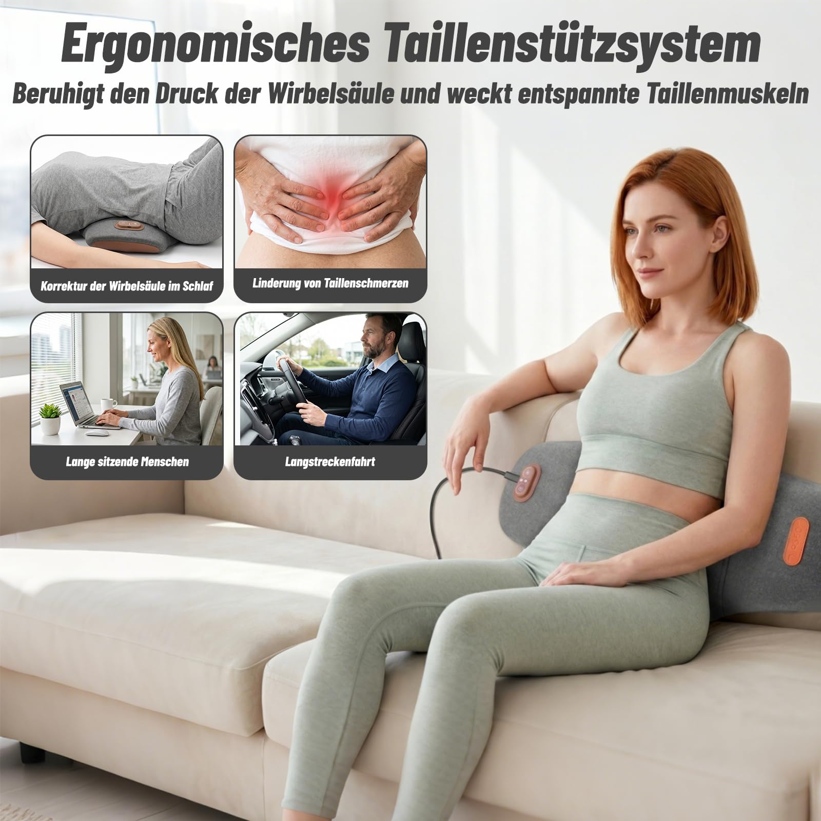 Rückenmassagegerät,Massagekissen Lendenwirbelkissen mit Wärme- und Vibrationsmassage, 5-Sekunden-Memory-Schaum, 26° Lendenstütze, Ergonomisches Rückenkissen für Bürostuhl, Auto, Bett und Sofa