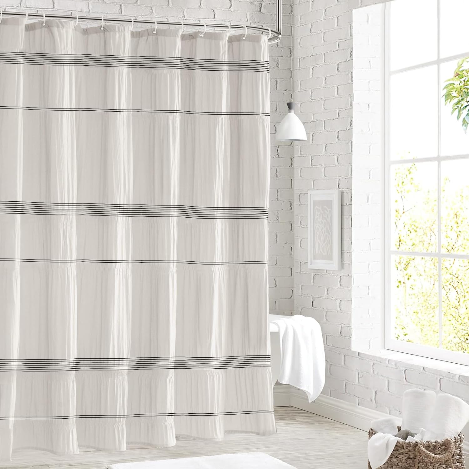 Seasonwood Greige Shower Curtain Farmhouse Shower Curtain Rustic Striped Cotton Blend Fabric Shower Curtains Heavy Weighted Bathroom Decor