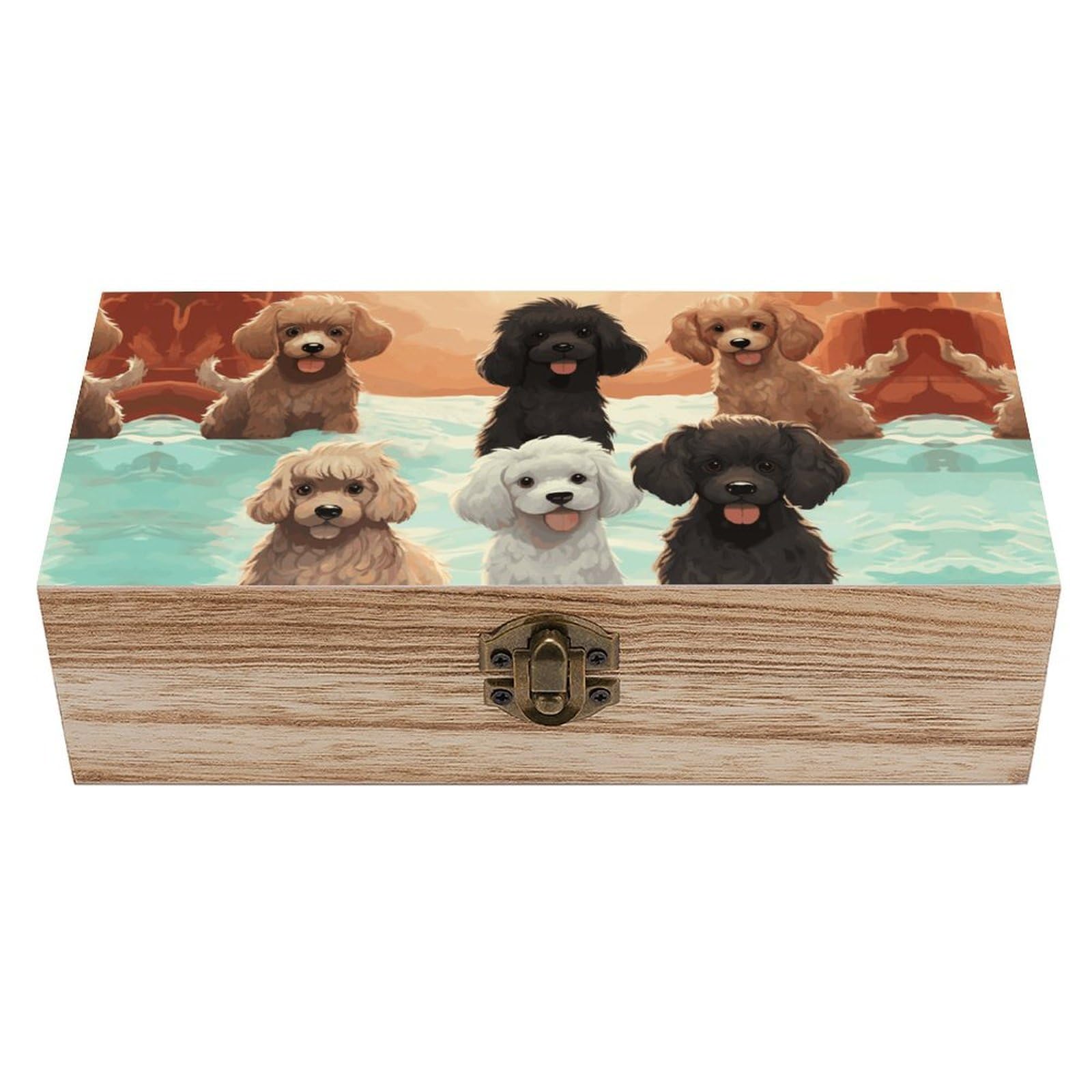 WAFICAC Poodles Dogs Wooden Keepsake Box Wooden Box with Hinged Lid Decorative Storage Boxes Unique Gift Ideas for Men & Women Size 7.9" X 3.9" X 2.3"