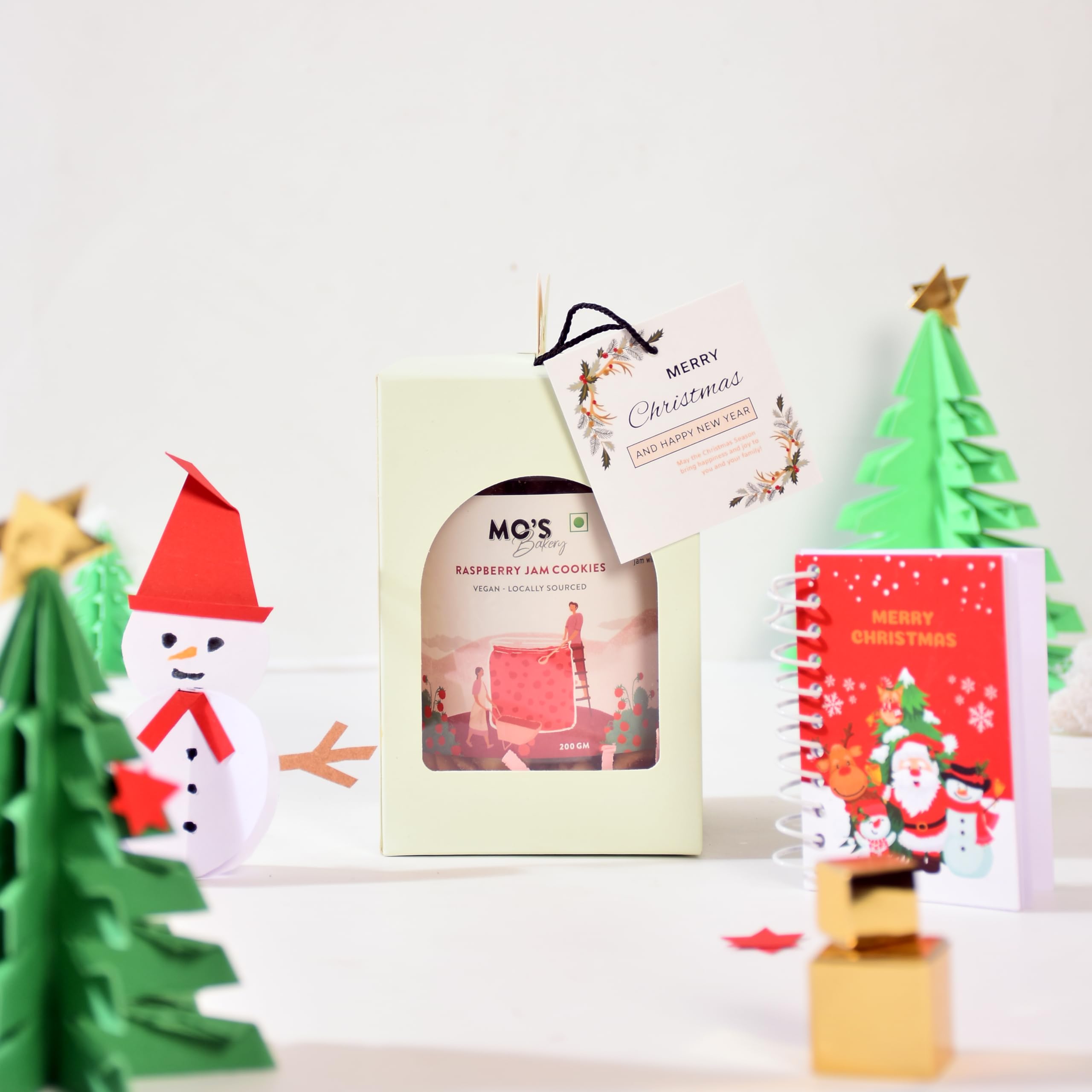 Mo's Bakery Premium Christmas & New Year Blue Gift Box with Raspberry Cookies,New Year Goals Diary & Xmas Greeting Card | Healthy Christmas Gift | Healthy Secret Santa Snacks Gift Box 2