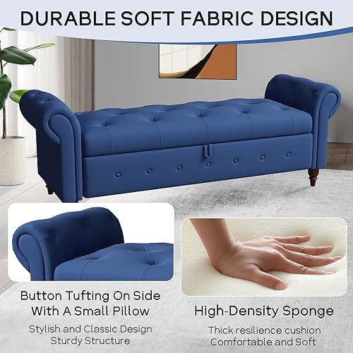 Miniatura 14 de NIOIIKIT Banco otomano de almacenamiento de 63 pulgadas, banco de entrada con botones al final de la cama, sofá otomano armado enrollado para Beige