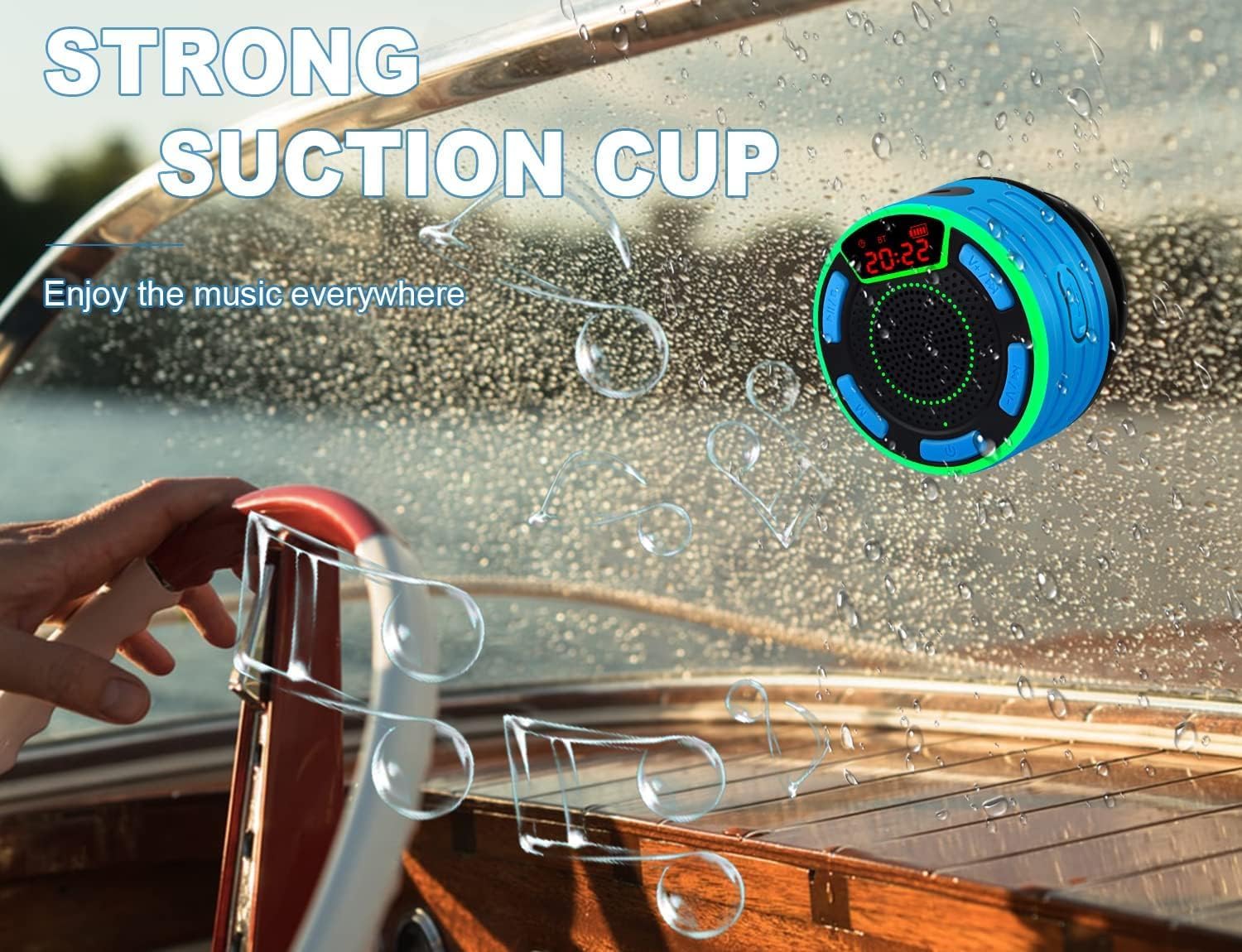 Bluetooth Speakers, DuoTen IPX7 Waterproof Wireless Portable Bluetooth Speakers w/LED Display, FM Radio, Suction Cup, Light Show, Loud Stereo Sound and Bass for Shower, Pool, Party, Travel, Outdoors - Image 4