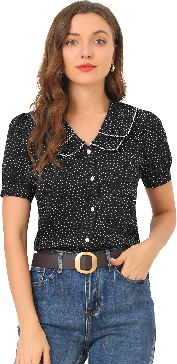 Allegra K Women's Vintage Polka Dots Peter Pan Collar Puff Short Sleeve Shirt Top