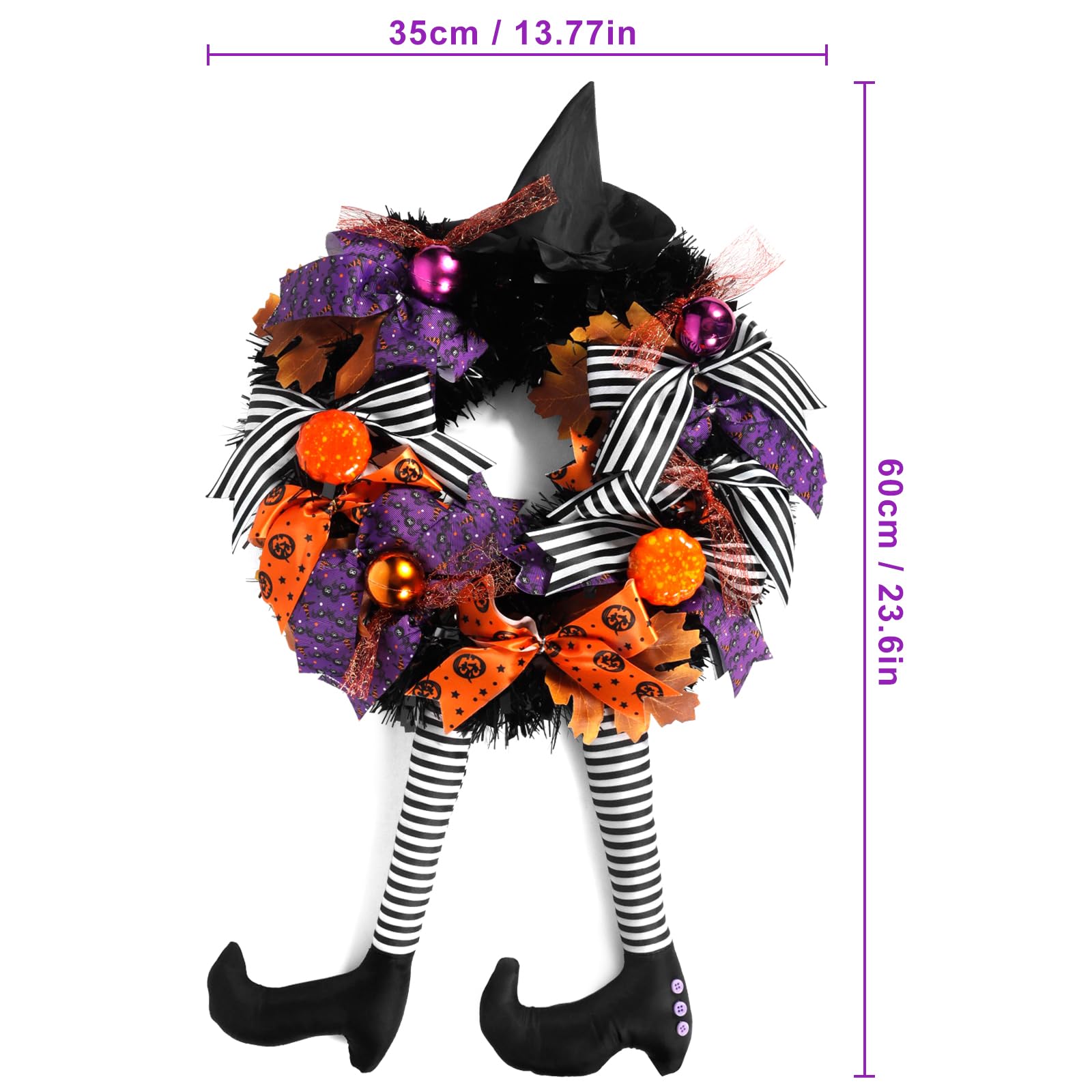 Halloweenowy Wieniec na Drzwi z Nogą Czarownicy, Strasznym Kapeluszem Wiedźmy i Dynią - Dekoracja na Halloween, Podwórko, Werandę, Okna
