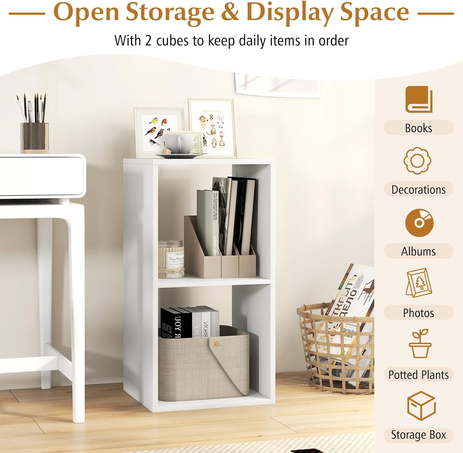 2 Cube Storage Organizer, 2 Tier Floor Standing Bookcase, Small Bookshelf for Small Spaces, Wooden Open Display Shelf for Living Room, Bedroom, Study, White Bookshelf with Open Back