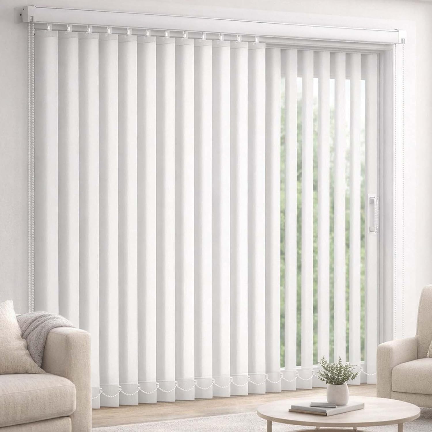Blackout Vertical Blinds for Sliding Glass Doors 63" 71" 78" 88" 92" 102" White PVC Polyester Room Divider Window Shades, Privacy Panel Track Blind with Cord & Bead Chain(83" W x 106" H)