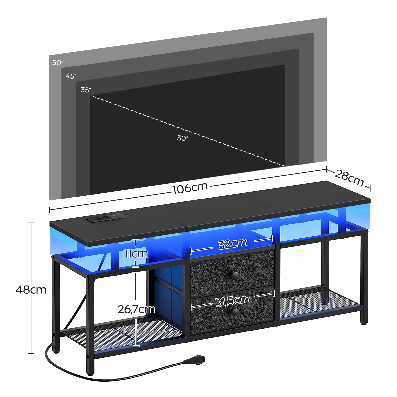YATINEY TV-Schrank, für Fernseher bis zu 45'', TV Board mit Ladestation und LED-Lichtleiste, Fernsehtisch, Fernsehschrank mit Schubladen und Ablagen, für Wohnzimmer, Schwarz XDS03CDBB