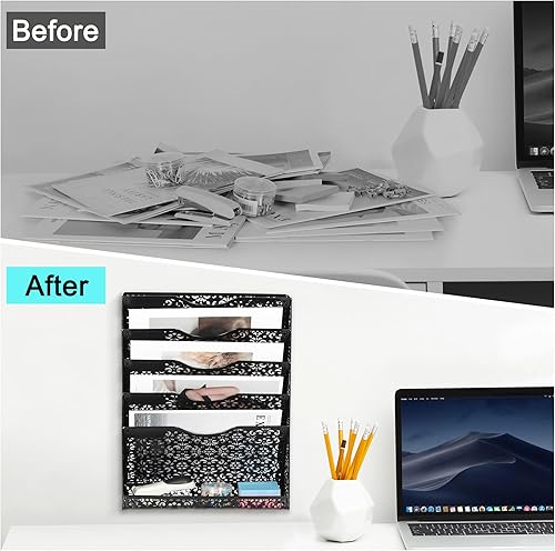 Miniatura 7 de EasyPAG Organizador de archivos de escritorio de metal resistente, soporte de archivos de 5 niveles con bandeja inferior para encimera de cubículos