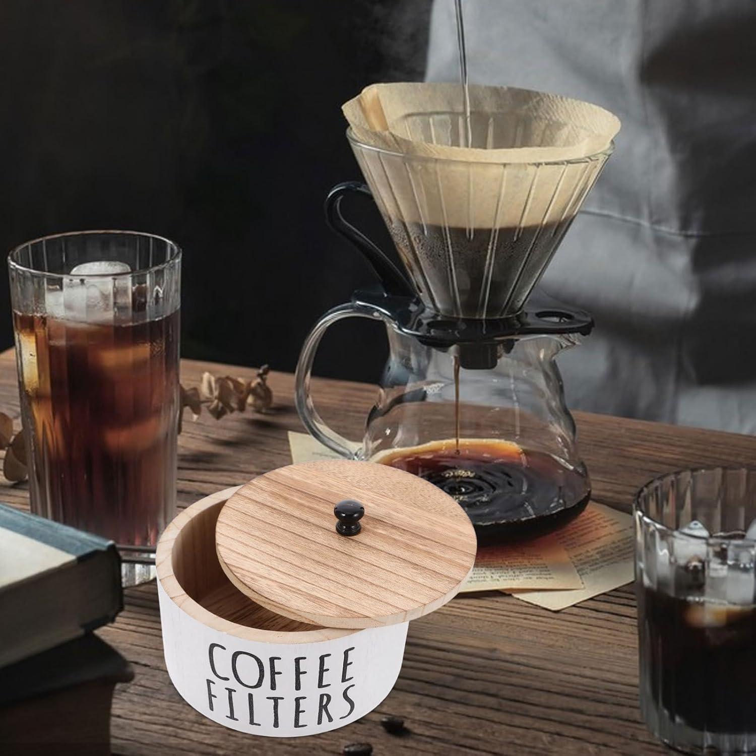 BESTYASH Rustic Coffee Filter Holder with Lid round Coffee Filter Storage Container for Kitchen Counter