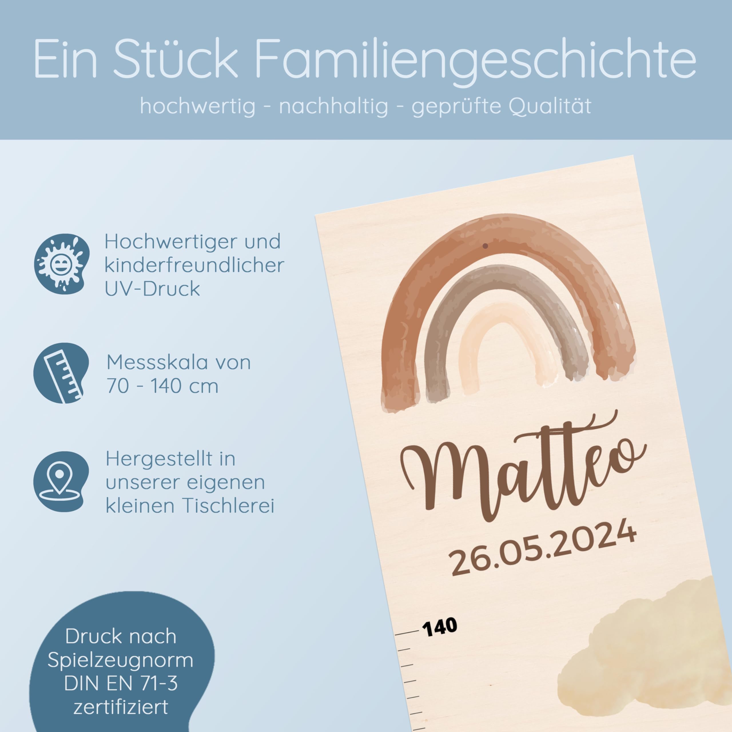 Bärenfreunde® - Personalisierte Messlatte Kind Holz zum Kleben oder Aufhängen - Skala 70-140cm - Süße Dekoration für Baby- & Kleinkinderzimmer (Kinder 70-140cm, Bär)