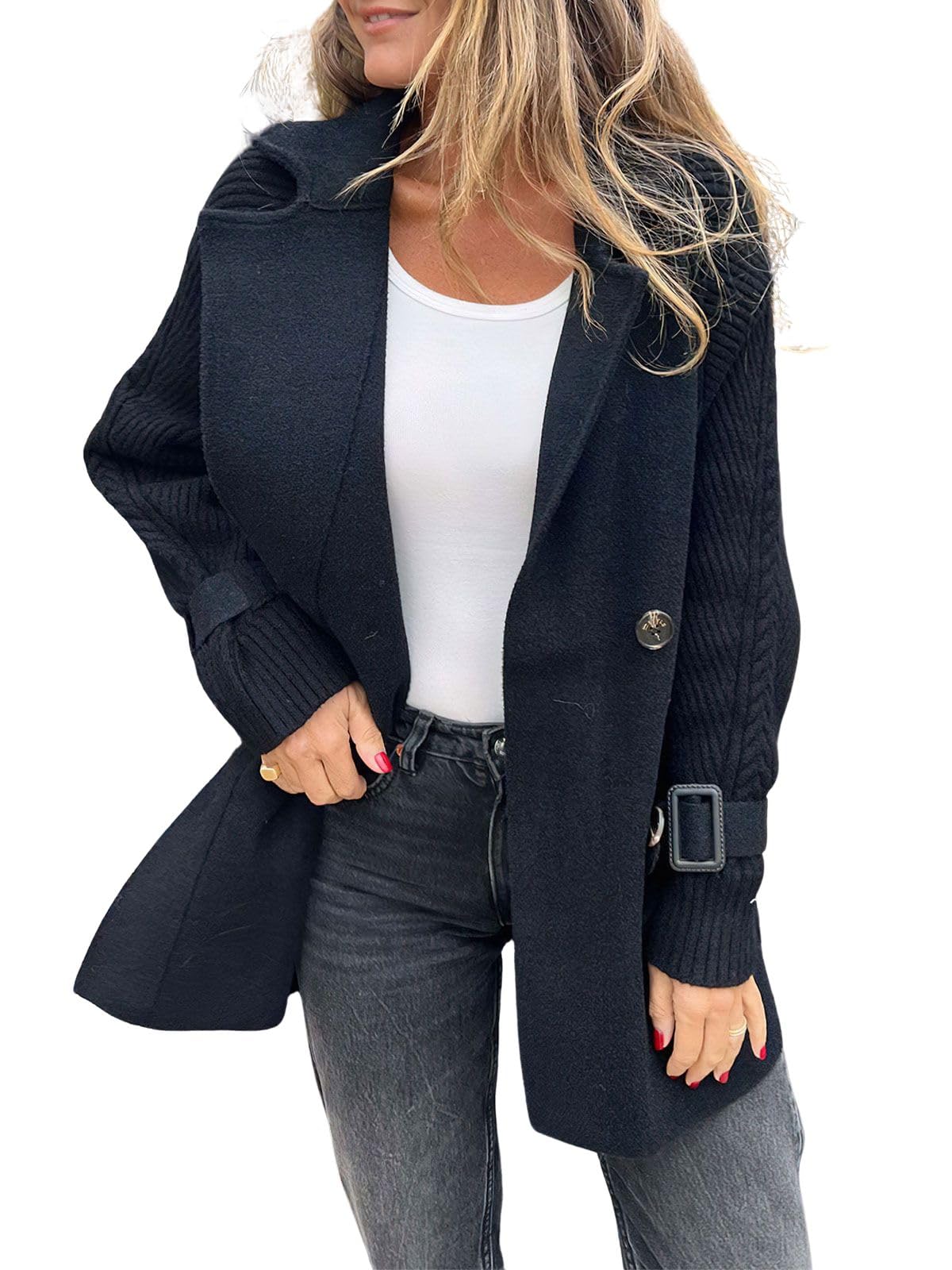 ebossy Womens Double Breasted Wool Pea Coat Notched Lapel Cable Knit Raglan Sleeve Sweater Blazer with Cuff Straps