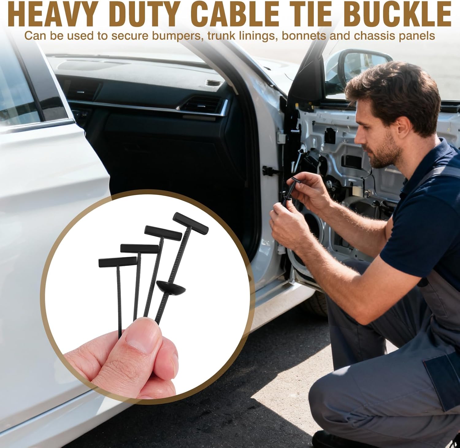 Upgrade Nylon Universal Cable Tie Buckle 50pcs, Heavy Duty Nylon Fastening Clips Cable Ties Zip Ties Rivets for Car Fender Trunk, Double-Side Self-Locking Bumper Clips with Pin & Button