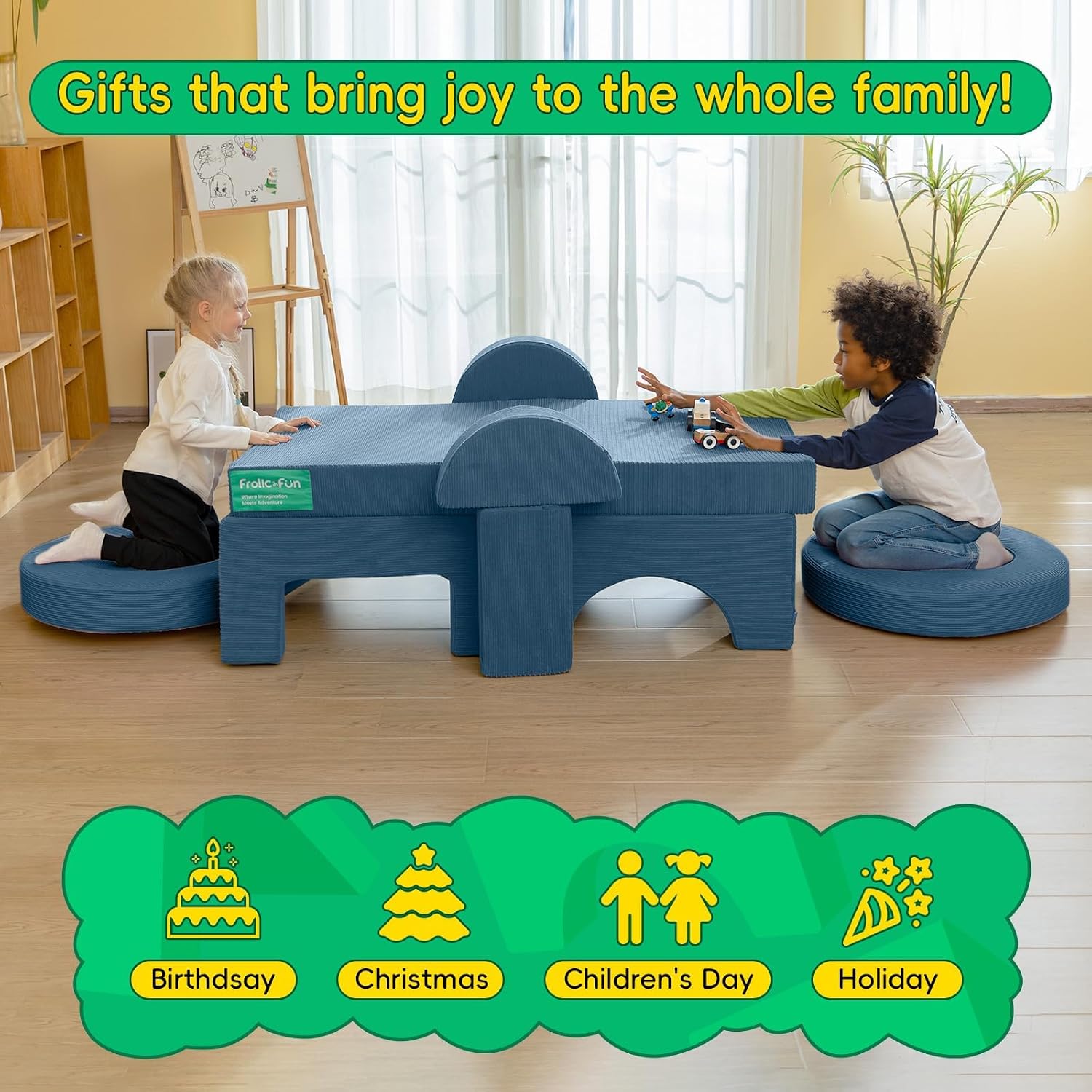 Frolic & Fun 16Pcs Modular Kids Play Couch for Toddlers, Fold Out Kids Couch Building Fort for Playroom Bedroom, Kid Convertible Explorer Sofa Cushions for Boys & Girls Navy Blue