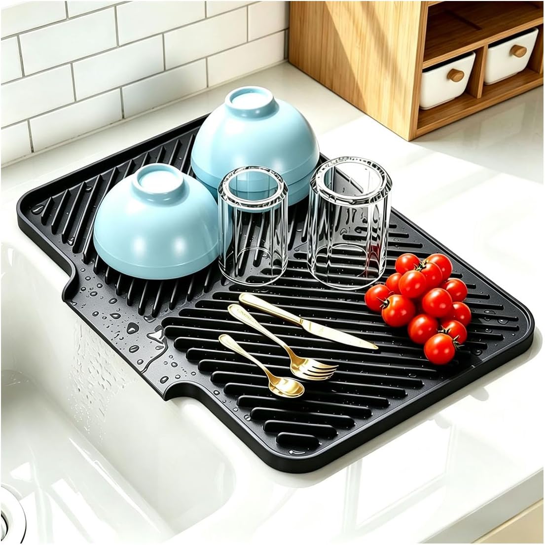Silicone Dish Drying Mat Kitchen Counter,Non-Slip Drain Pad with Built-in Drain,Dish Drying Pad for Sink,Refrigerator and Drawer Liner,Hangable,Easy Clean,14.5" x 11.6",Black