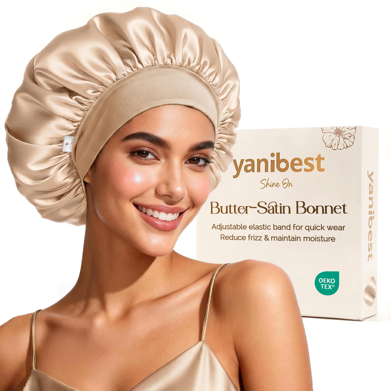 Yanibest Women's Champagne Silk Bonnet For Sleeping Double Layer Hair Satin Bonnets With Elastic Band, Sleep Cap Curly Natural Hair