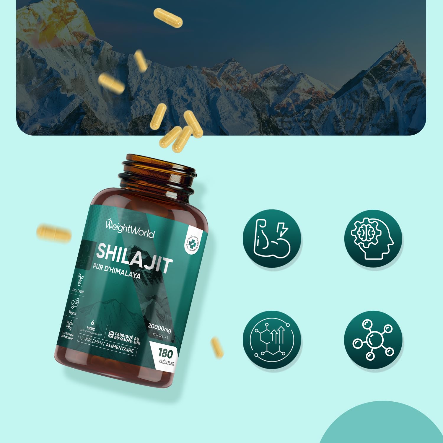 Shilajit Pure Gelules Vegan 180 Gélules 20000mg, Shilajit Pure Himalaya Acide Fulvique Acide Humique & Minéraux, 6 Mois de Stock, Alternative Résine d’Himalaya sans OGM ni Stéarate de Magnésium
