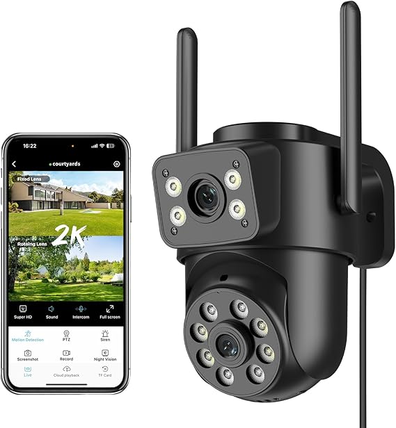 Reobiux 2K Telecamera Wi-Fi Esterno con Doppia Lente, 360° PTZ 2,4/5GHz Videocamera Sorveglianza Esterno, Colori Visione Notturna, Tracciamento Automatico del Movimento, Registrazione 24/7, IP66