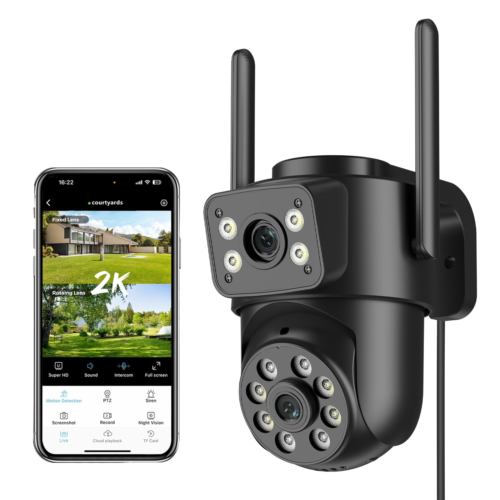 Reobiux 2K Camara Vigilancia WiFi Exterior con Doble Lente, 2,4G/5Ghz Cámaras Vigilancia Domicilio con Visión Nocturna Color, Seguimiento Automático, Audio Bidireccional, Grabación Continua 24/7