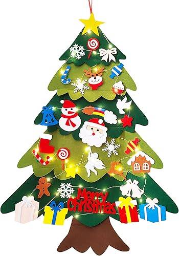 Árbol de Navidad de fieltro iluminado de 3.2 pies con 32 piezas de adornos desmontables, decoraciones colgantes de Navidad, regalo de Año Nuevo