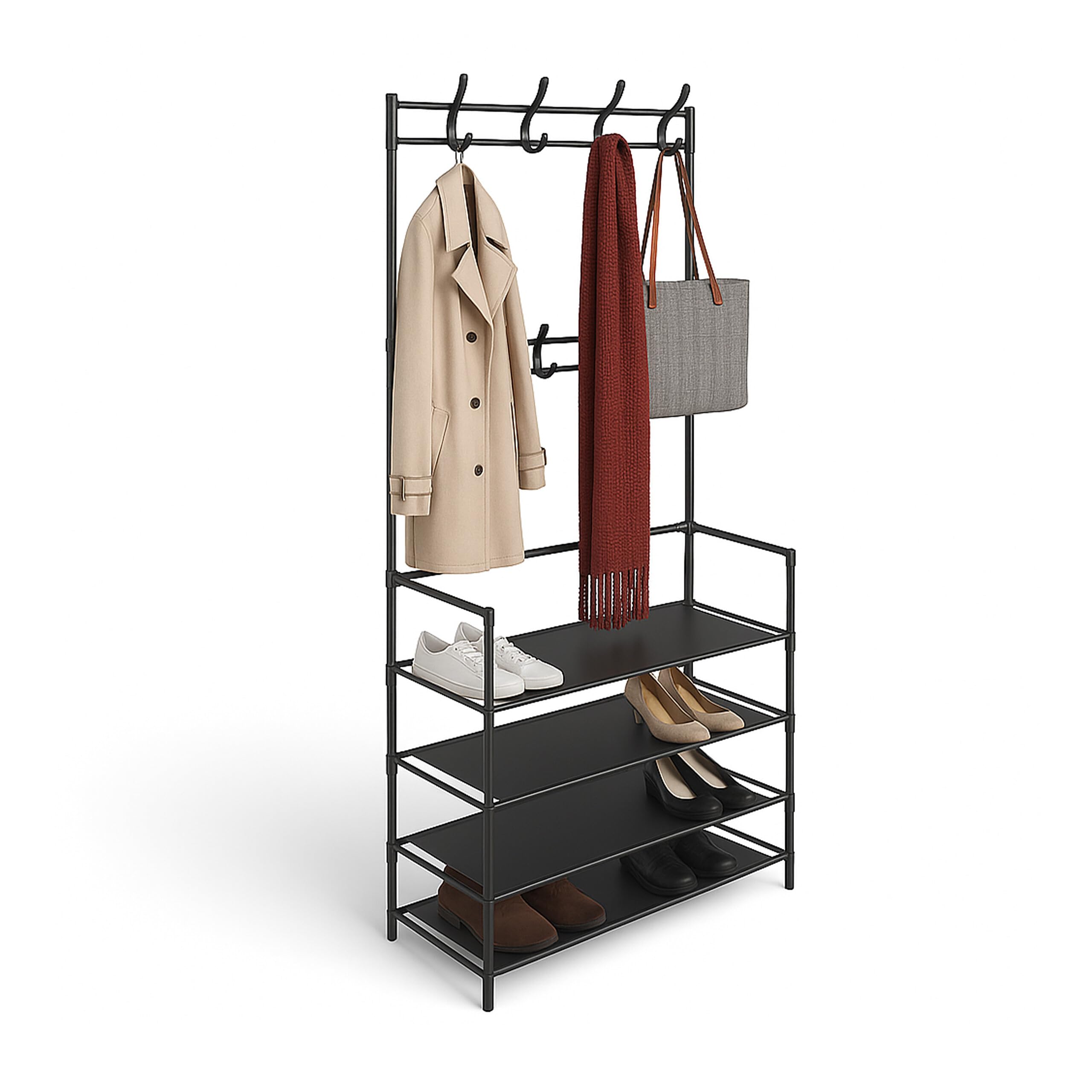 Relaxdays freestanding coat rack, 4 shoe shelves, 8 hooks, hallway, HWD 150 x 61 x 27.5 cm, black