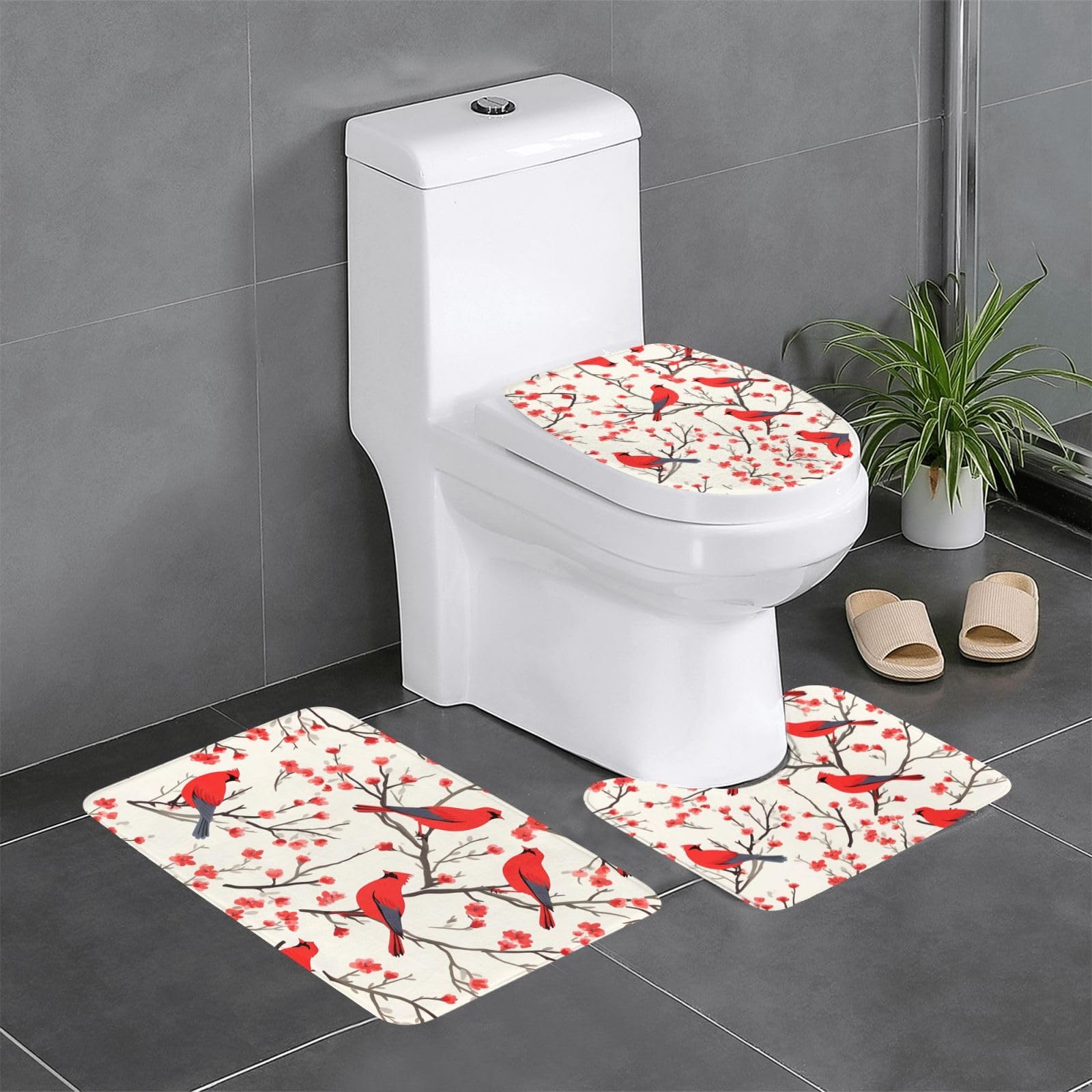 Tapis de salle de bain antidérapants 3 pièces Red Bird Branch Blossom pour toilettes