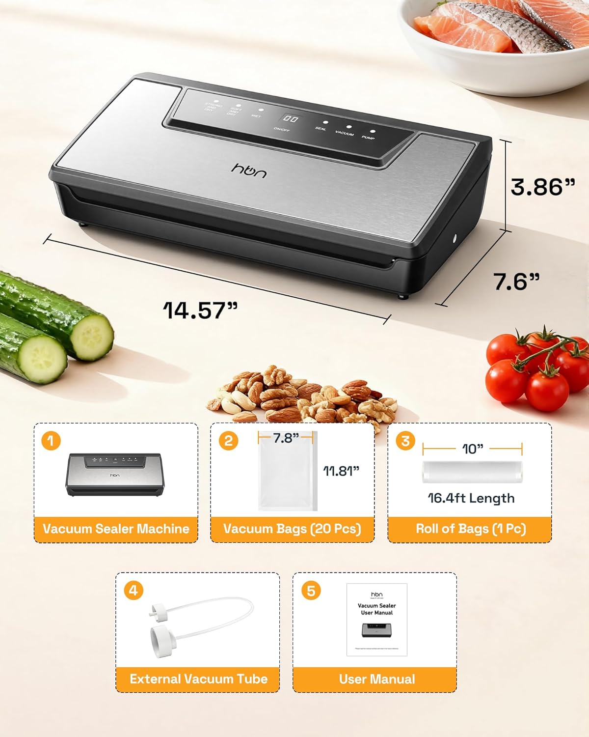 HBN Vacuum Sealer Machine Commercial Automatic Food Vacuum Sealer Built-in Cutter & Bag Storage Countertop Vacuum Sealer with Automatic Hands-Free Lid SUS Stainless Steel 1 Bag Roll & 20 Bags