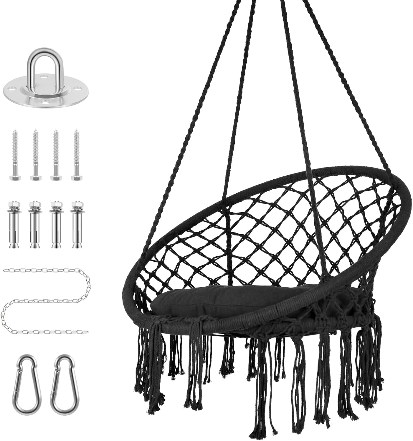Hammock Chair Hanging Swinging Chair,330LBS Hanging Cotton Rope Swing Chair with Cushion for Indoor Outdoor Bedroom Porch Balcony (Black)