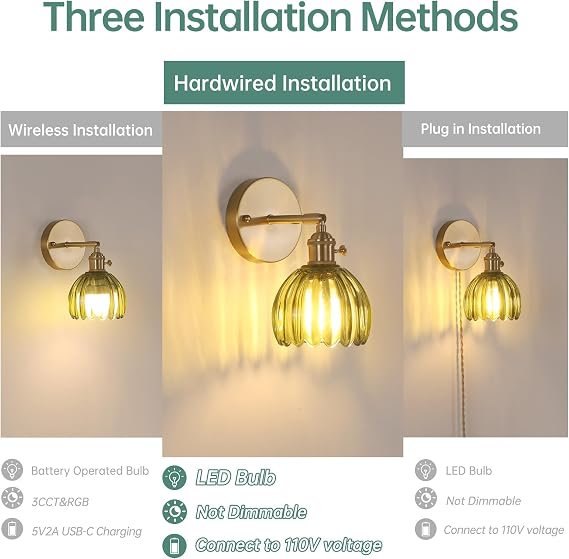 Shenmoyl Vintage Wall Sconces Set of 2 with Green Tulip Glass Lampshade 180 Degree Adjustable Brass Sconces Hradwired Modern Wall Lighting Fixture with Switch for Bedside Bedroom Doorway
