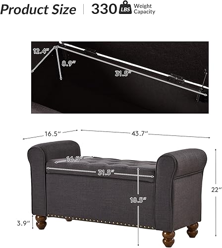 Miniatura 2 de HULALA HOME Moderno banco otomano de almacenamiento con patas y reposabrazos de madera, banco de dormitorio con botones para el extremo de la cama,