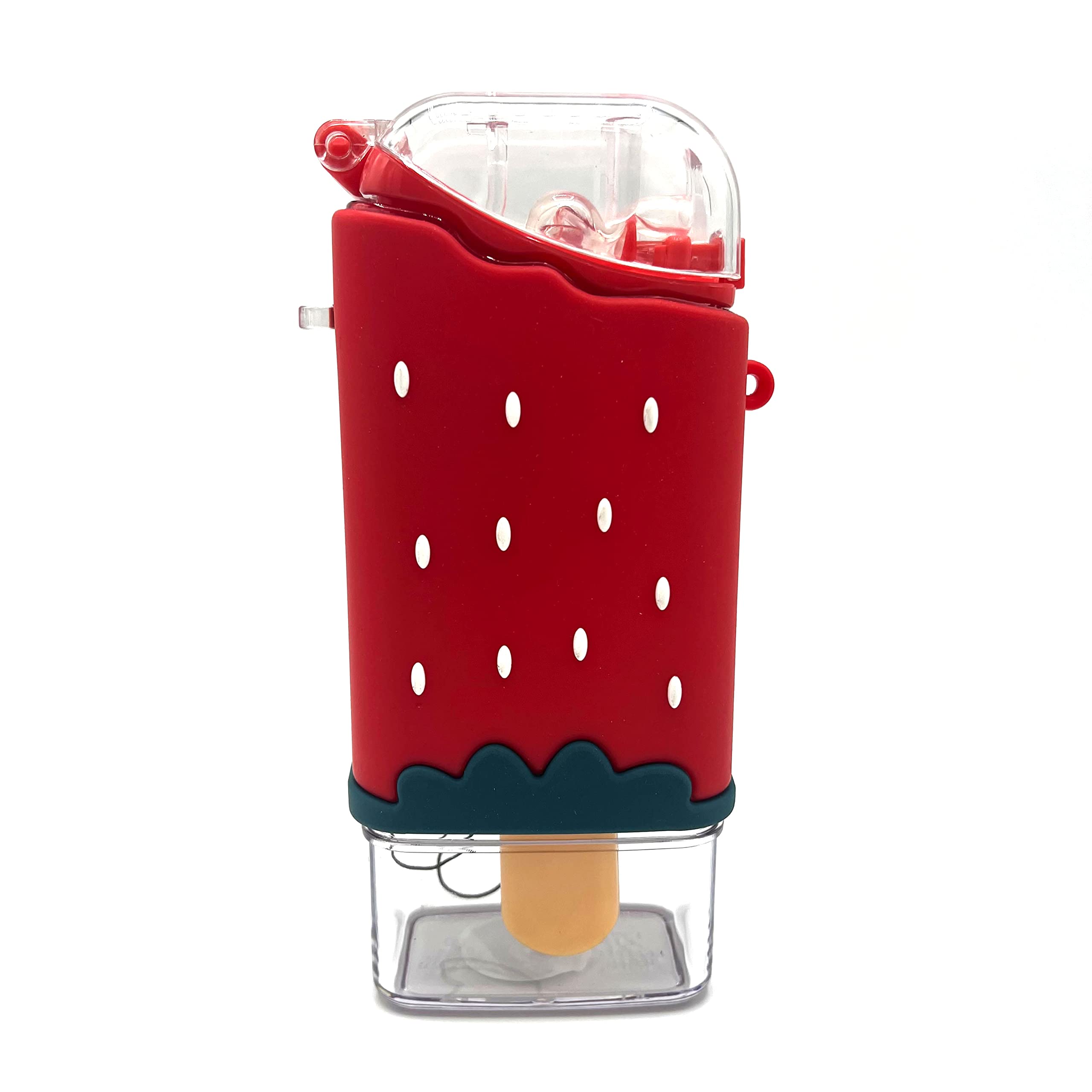 Cute Water Bottle for Kids, Unique Ice Cream Shape water cup Plastic Kettle with Straw, Adjustable Shoulder Strap, BPA free, Leakproof Pack of 1 (strawberry Design)