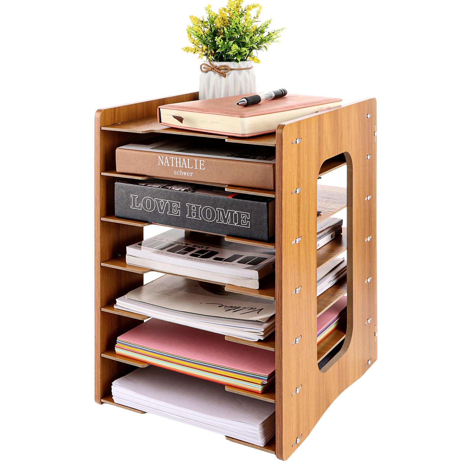 Porta Documenti Scrivania 7 Livelli Verticale, Organizer Documenti 270 x 307 x 385 mm Colore Ciliegio, Vaschetta Portadocumenti per Ufficio, Studio e Casa