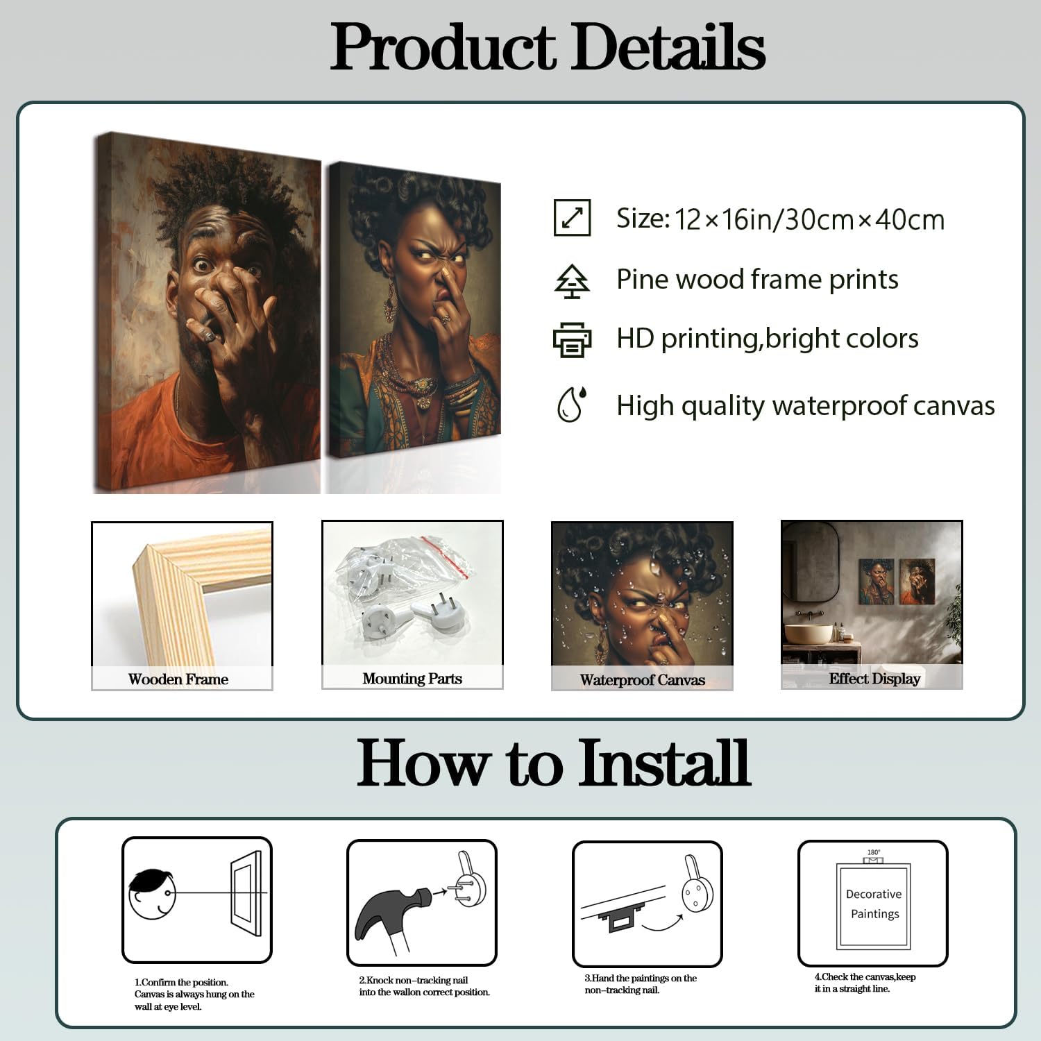 Funny Bathroom Wall Art Set of 2, African American Stank Face Bathroom Wall Decor Painting, Humor Ebonic Embrace Poster Canvas Prints Black People Woman Pictures Artwork 12x16 inch Framed - Image 4