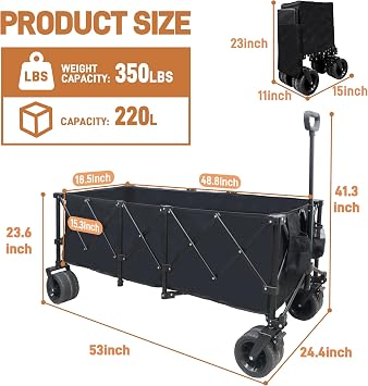 Quibbay 300L Collapsible Foldable Wagon with 440lbs Weight Capacity, Beach Wagon with All-Terrain Wheels & Drink Holders, Heavy Duty Folding Utility Garden Cart for Camping Sports Shopping, Black