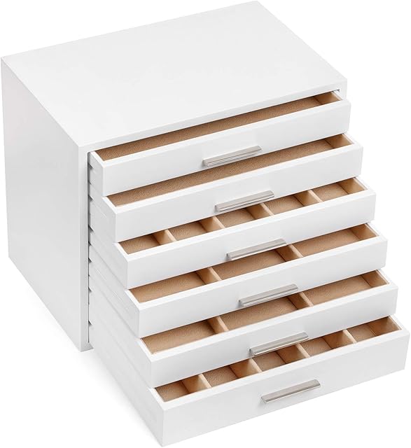 SONGMICS JOW13WT szkatułka na biżuterię z materiału drewnopochodnego, szkatułka na biżuterię z 6 szufladkami, szkatułka na biżuterię, idealna na łańcuszki, kolczyki, okulary bransoletki,