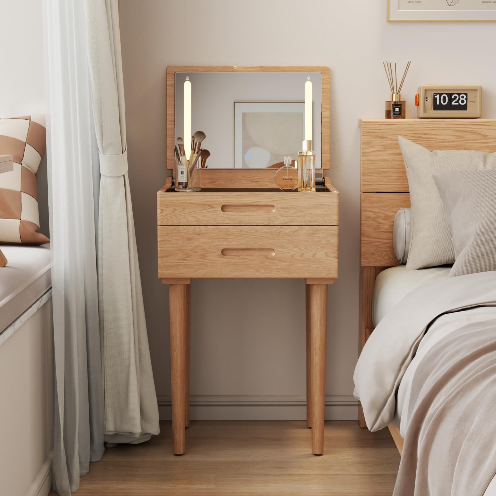 Photo 1 of Muwuele Solid Wood Small Vanity Desk with Mirror and Lights, 19.6" Natural