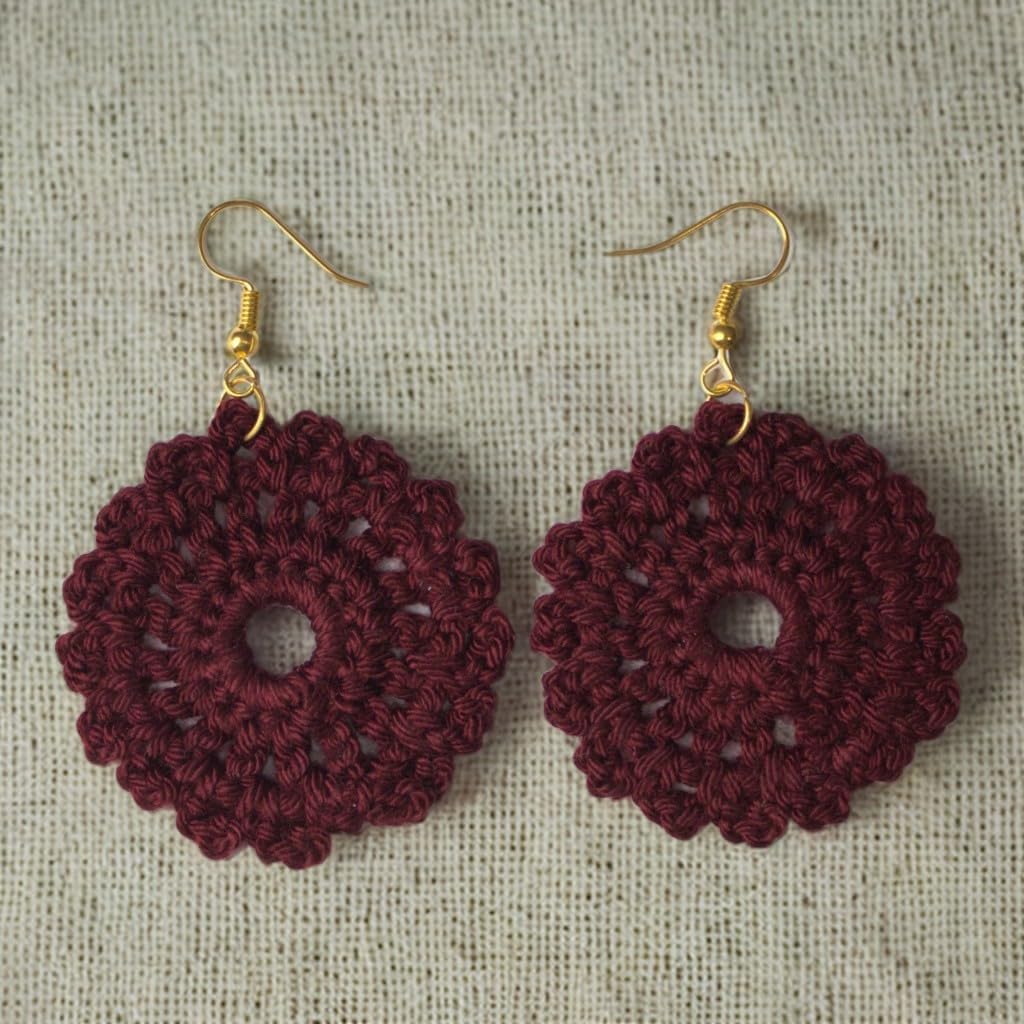 Handmade Crochet Circle Earrings – Burgundy Round Earrings, Lightweight Statement Jewelry for Women, Vintage-Inspired Boho Design, Eco-Friendly Fashion, Perfect for Casual Wear, Festivals & Gifting - Image 5