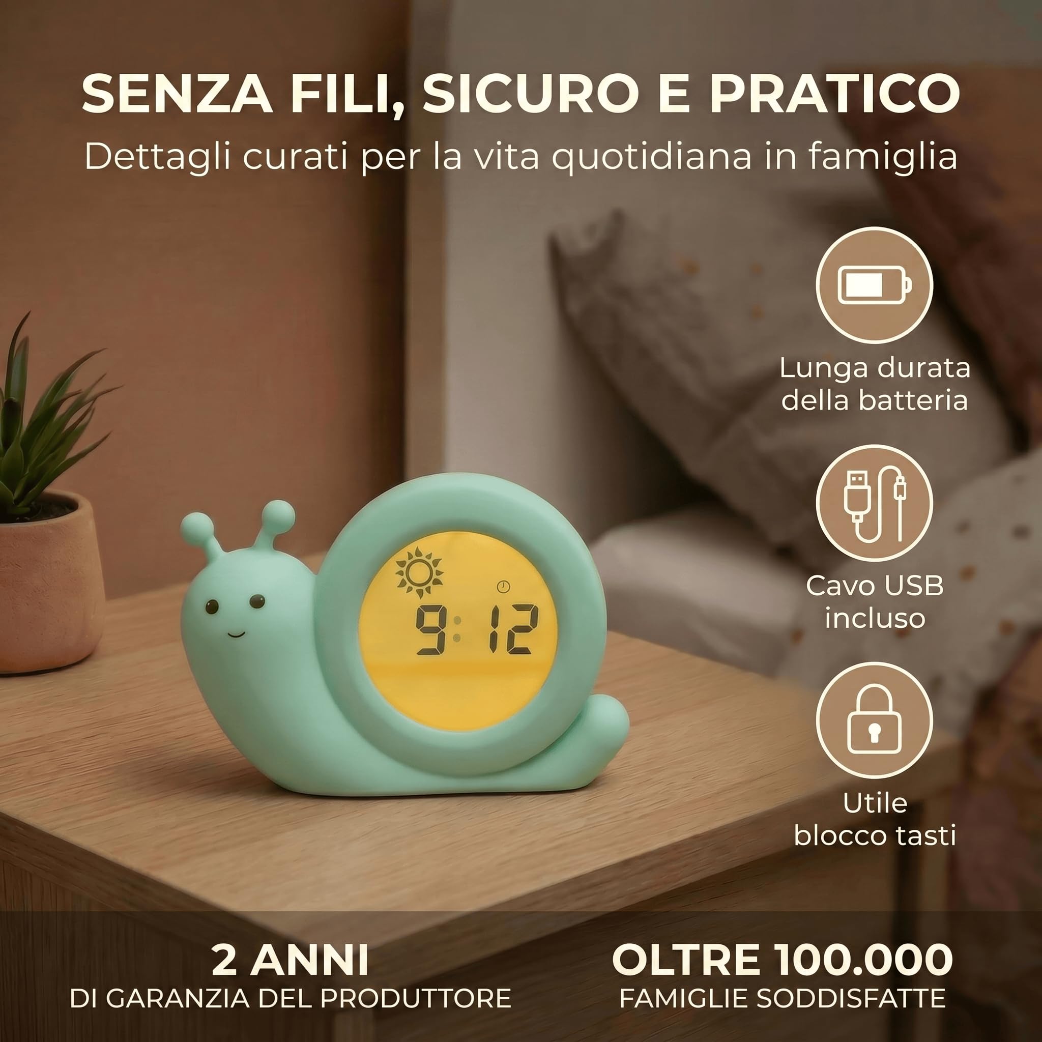 Alecto Baby BC110GN SIMON - Addestratore del sonno, luce notturna e sveglia, lumaca, verde menta