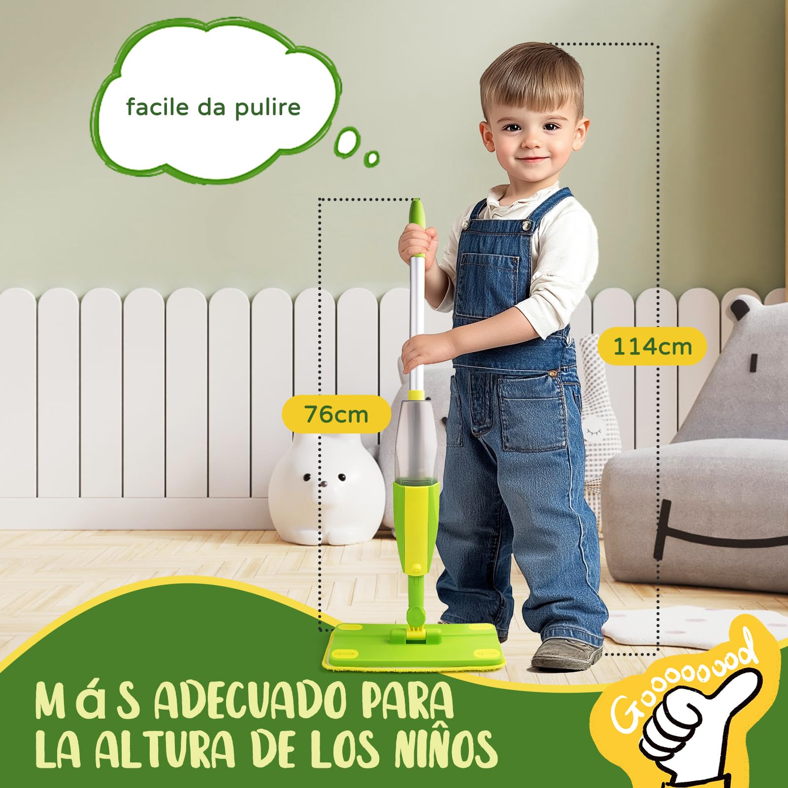 Mopa Fregona Niños con Pulverizador - Set de Limpieza Infantil Montessori Juguete con Pulverizador Real y 2 Almohadillas Lavables | Limpieza Juguete, Juguetes imitación niños a Partir de 3 años