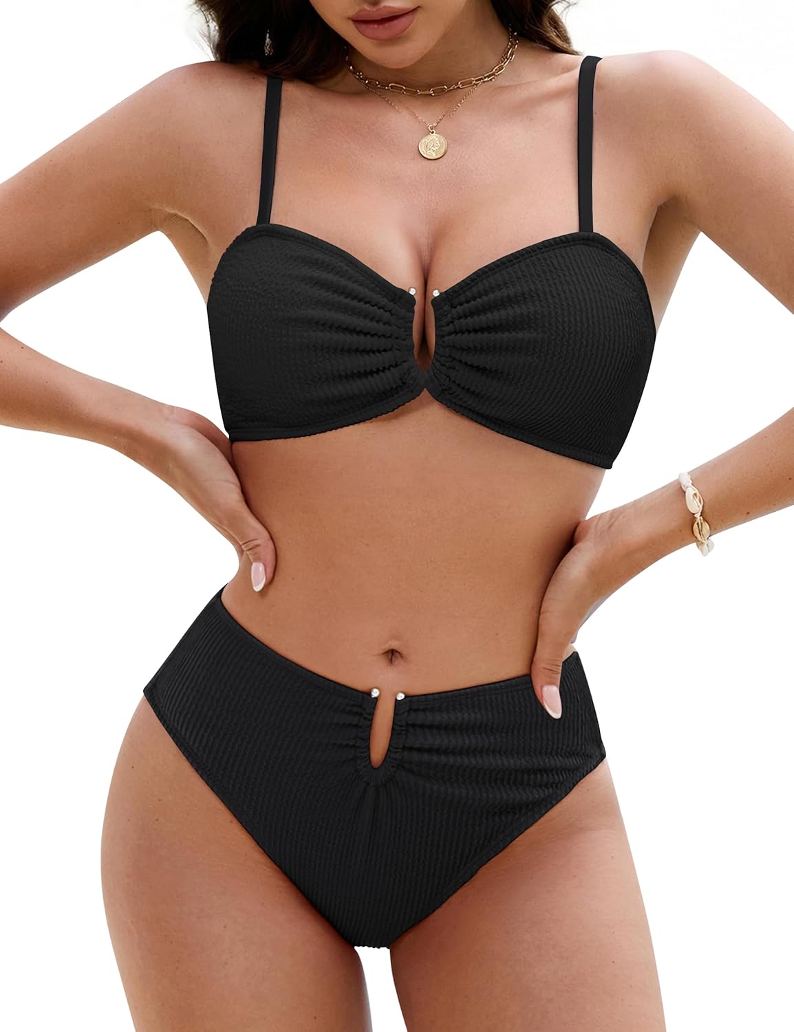 Blooming Jelly Womens Bikini Sets High Waisted Two Piece Swimsuit U Ring Linked Textured Sexy High Cut Swim Bathing Suit