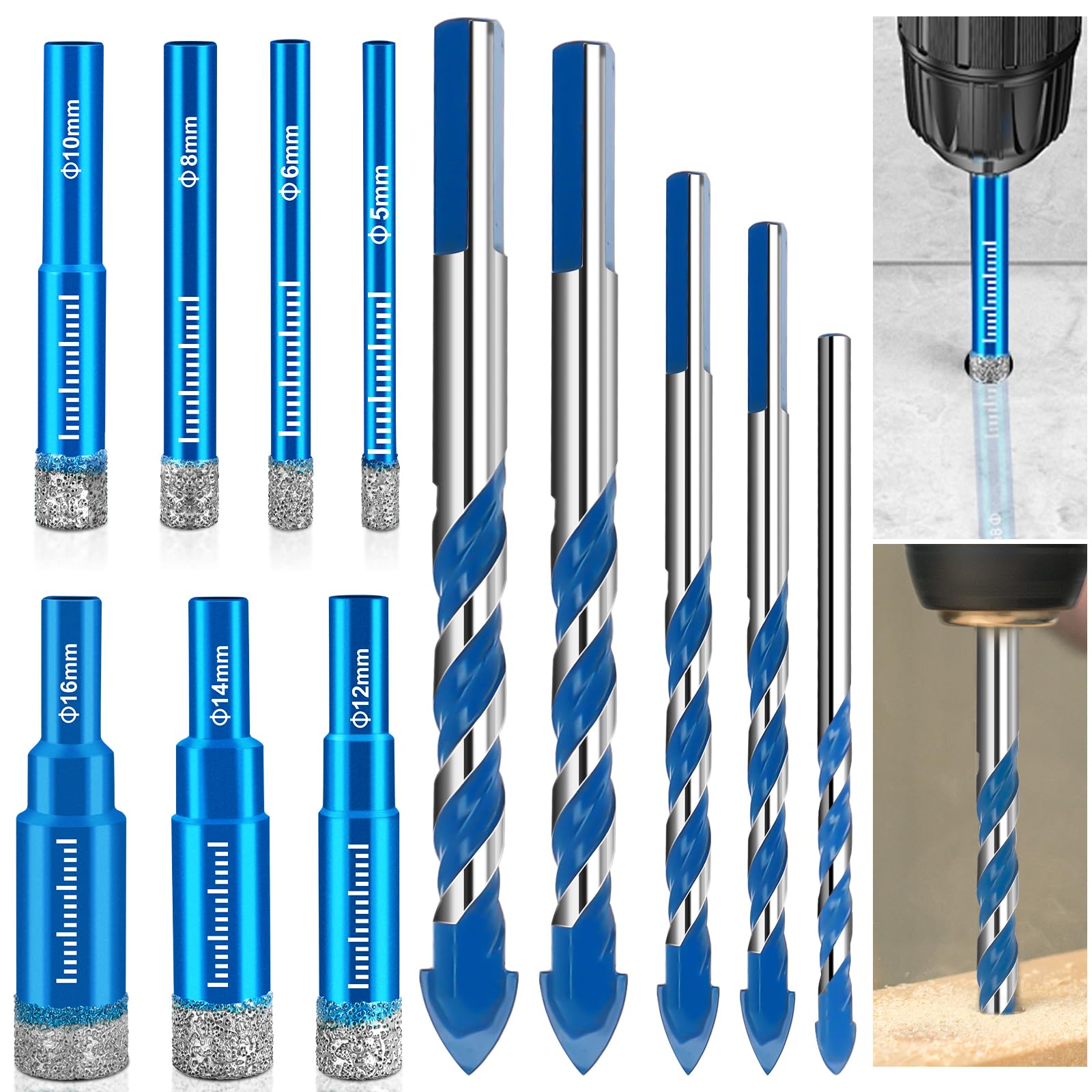 12 Pezzi Set di Punte per Gres Porcellanato,7 Pezzi Punte Diamantate 5/6/8/10/12/14/16mm e 5 Pezzi 6/8/10/12mm Trapano Carburo Set per Granito,Vetro,Piastrelle,Acciaio,Calcestruzzo