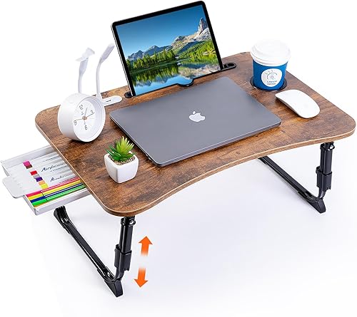 Miniatura 11 de BYMECOST Escritorio para laptop para cama, Mesa de cama para laptop con altura ajustable, Soporte de escritorio portátil plegable con USB/Cajón de
