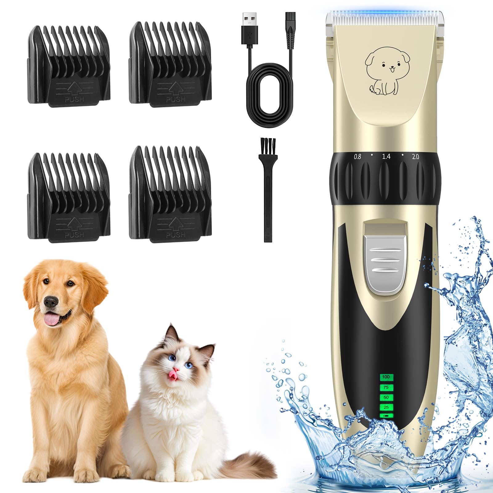YAZEKY Tosatrice per Cani Professionale, Silenzioso rasoio elettrico per cani, Tosatrice per cani/Gatti Pelo Lungo Ricaricabile con Toelettatura Accessori (Oro)