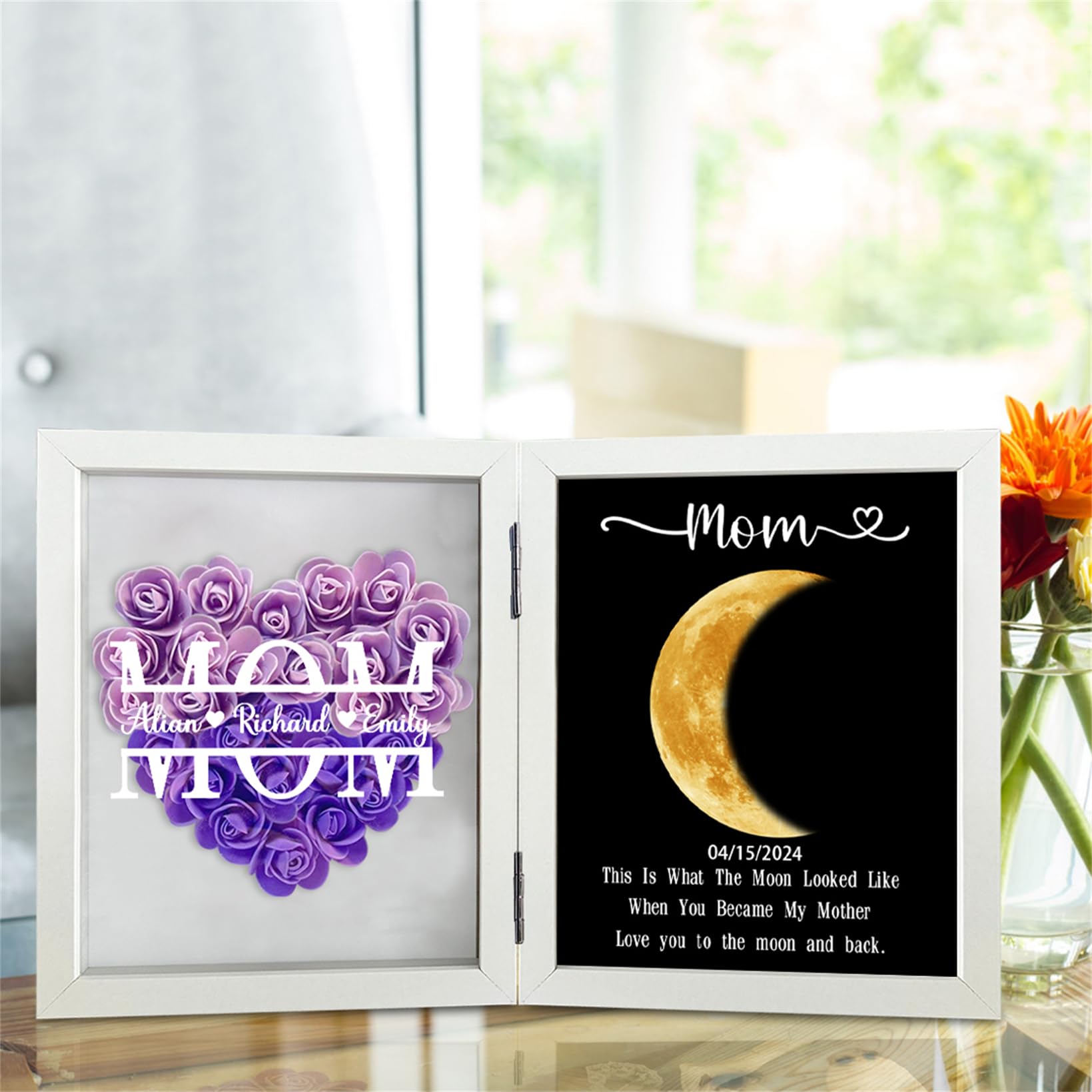 Marco de fotos personalizado de fase lunar con nombre, cumpleaños, día de la madre, rosa, flores, sombra, marco de arte de fase lunar, decoración de pared de fase lunar real para mamá,