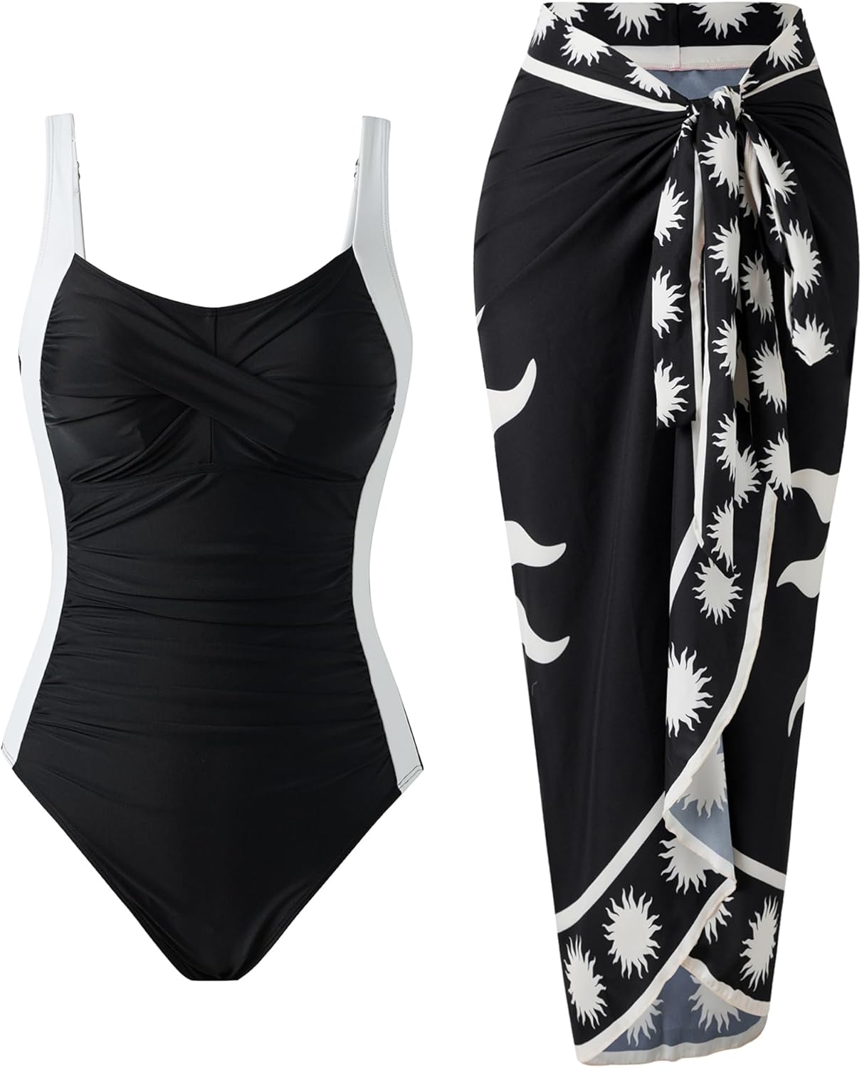 One Piece Swimsuit with Skirt Push Up Bathing Suit for Women Retro Wrap Cover Up Set