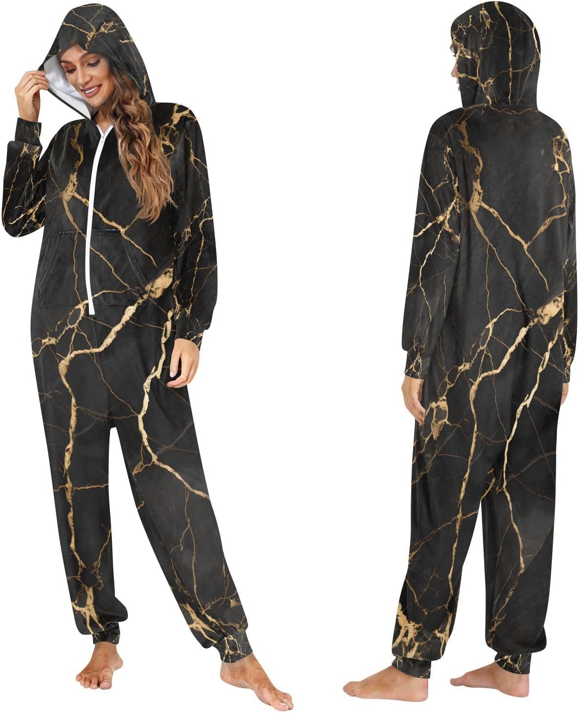 Black Marble Gold Fluid Marble Unisex Adult Onesie Pajamas Comfy One Piece Costume Jumpsuits Novelty Sleepwear Homewear for Men Women