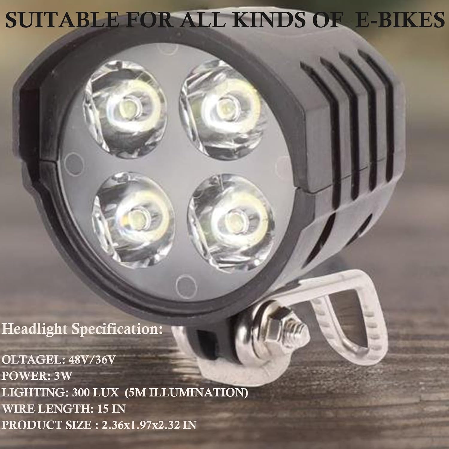 E-Bike LED Headlight with Horn 3 Pin Male Waterproof Connector 36V 48V 4 Beads Bicycle Replacement Headlamp for Electric Bicycles and E-Scooter 15 In Wire